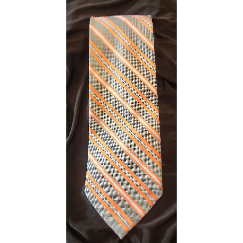 Umo Lorenzo Necktie Mens OS Grey Orange Striped Excellent Hand Made Business Tie